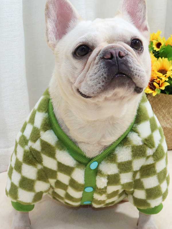 GMTPET Green and white checkerboard fat dog bulldog pug dog French fighting winter clothes plus velvet thick cardigan plush sweater 107-222039 www.gmtpet.ltd